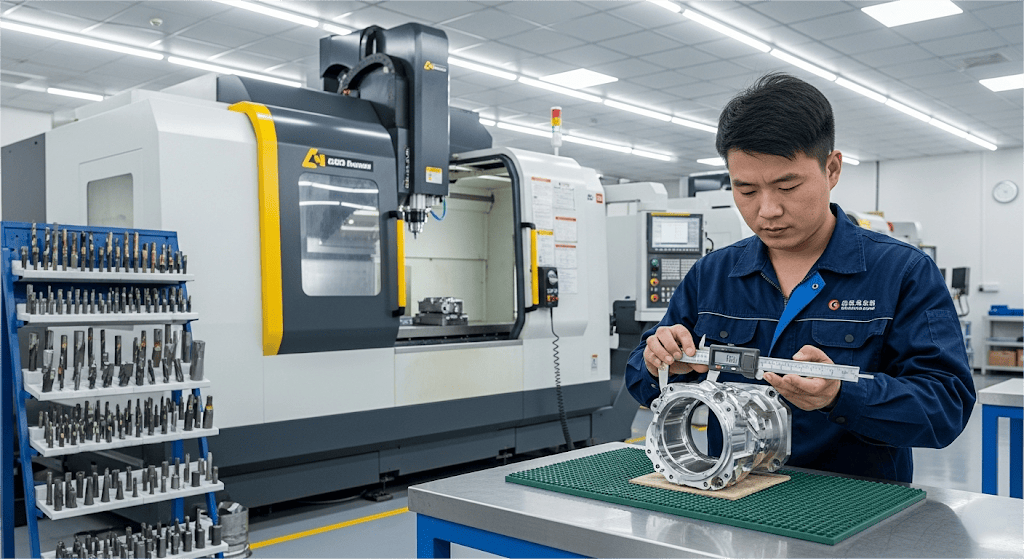 A Technician Performs A Quality Control Inspection On A Precision Metal Part In A Modern Cnc Workshop.