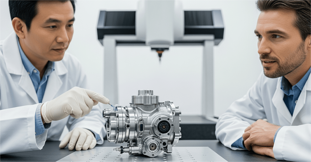 An Engineer And A Client Discuss A High Precision Medical Component In A Quality Control Lab.