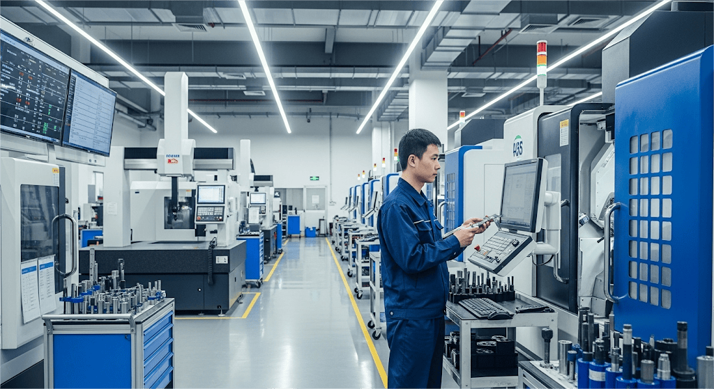 A Clean And Organized Modern Cnc Machine Shop With A Technician Monitoring The Advanced Equipment
