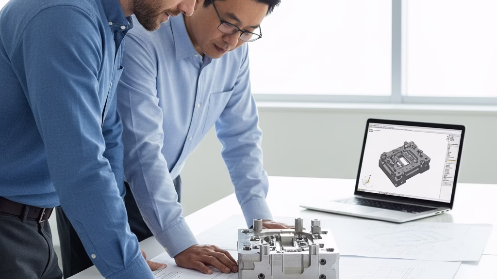A Client Engineer And A Project Manager Collaborating Over A Complex Machined Part And Technical Drawings.