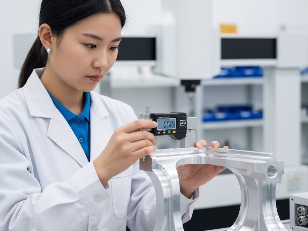A Female Quality Technician Meticulously Inspecting A Complex 5 Axis Machined Metal Part With A Digital Micrometer In A Lab.