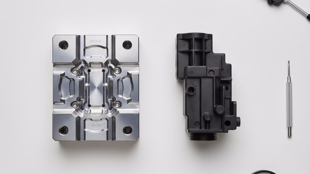 A Finished Hardened Steel Mold Insert Displayed Next To The Final Plastic Part It Produces.
