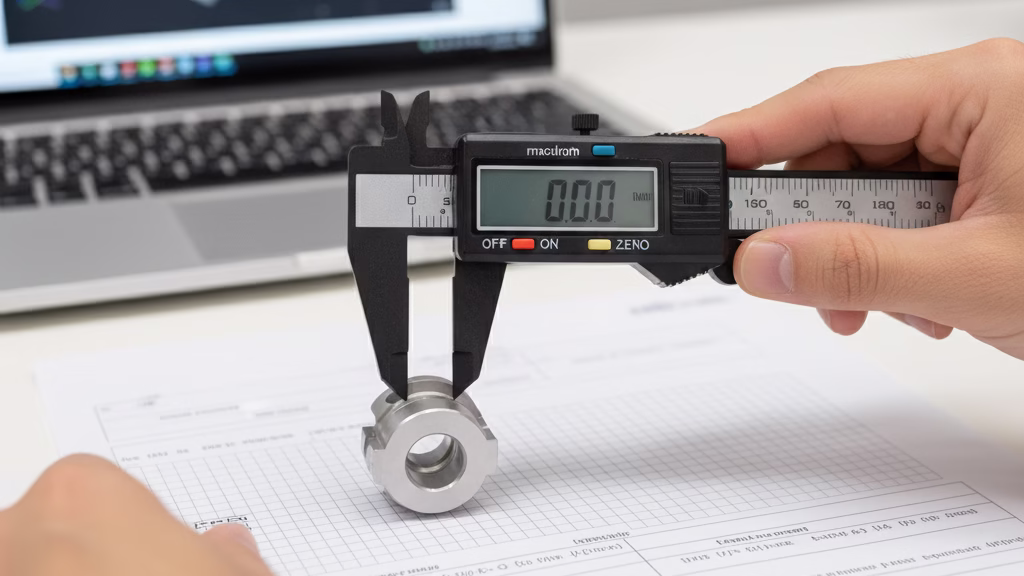 A Quality Control Inspector Using A Caliper To Measure A Precision Machined Metal Component On An Inspection Report