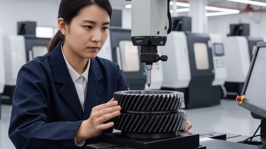 A Quality Control Technician Inspecting A Heat Treated Metal Gear With A Cmm Machine In A Modern Factory.