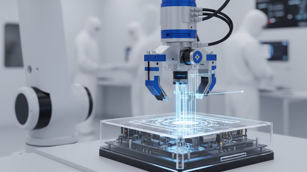 A Robotic Arm With A Precision Machined Component Assembling An Advanced Electronics Device