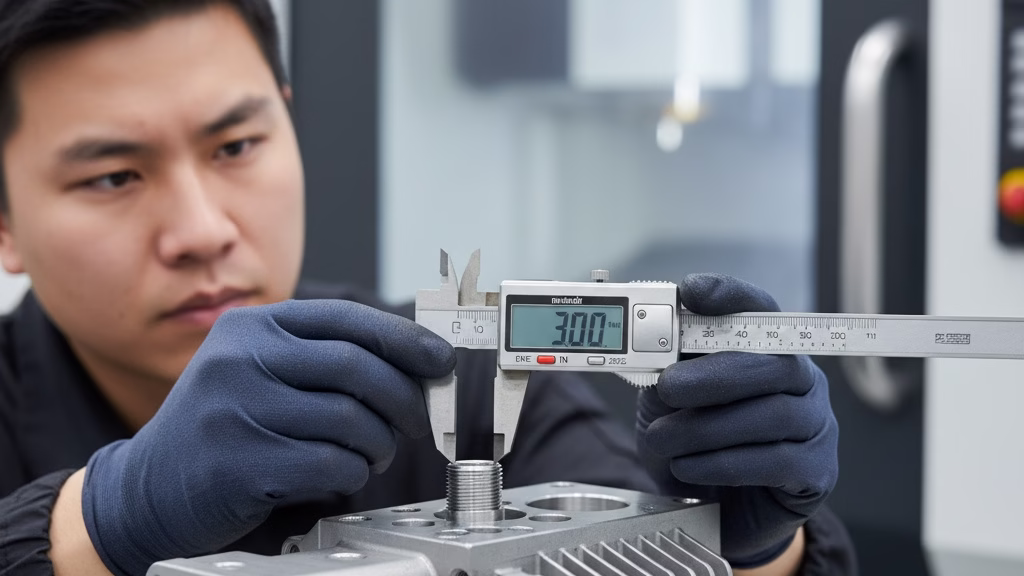 A Technician Carefully Measuring A Precision Cnc Machined Metal Part With A Digital Caliper.