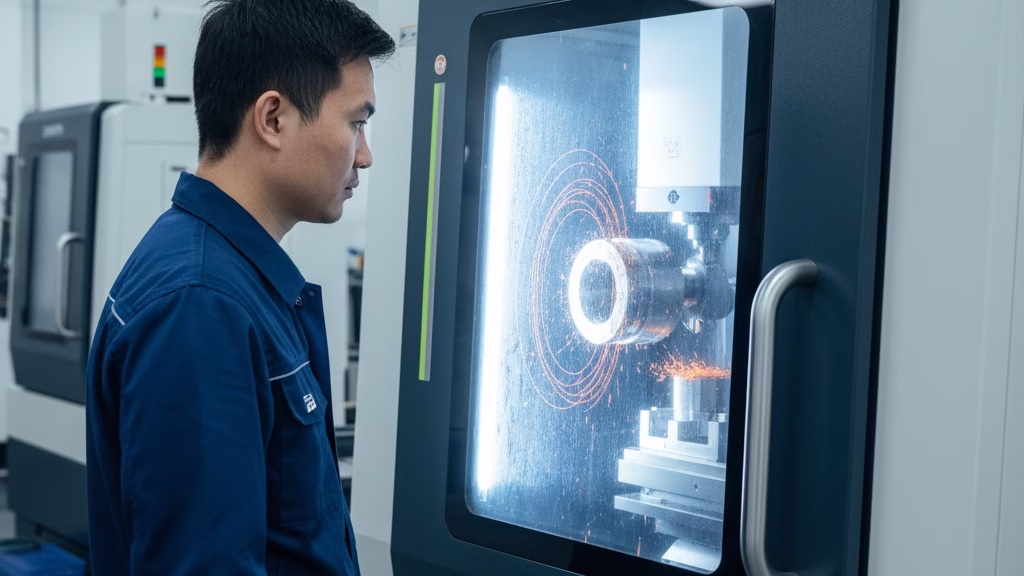 A Technician Monitors A 5 Axis Cnc Machine During A High Precision Hard Milling Operation.