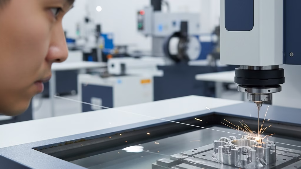 A Technician Overseeing A Wire Edm Machine Cutting A Precise Metal Component.