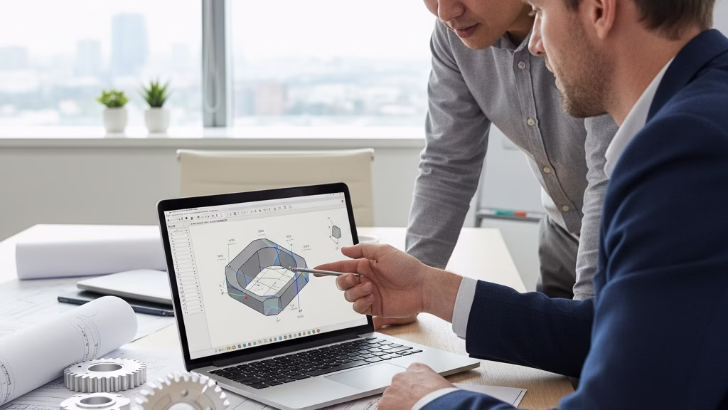 An Engineer And A Client Discussing A Cad Design For A Cnc Machined Part To Prevent Manufacturing Defects.