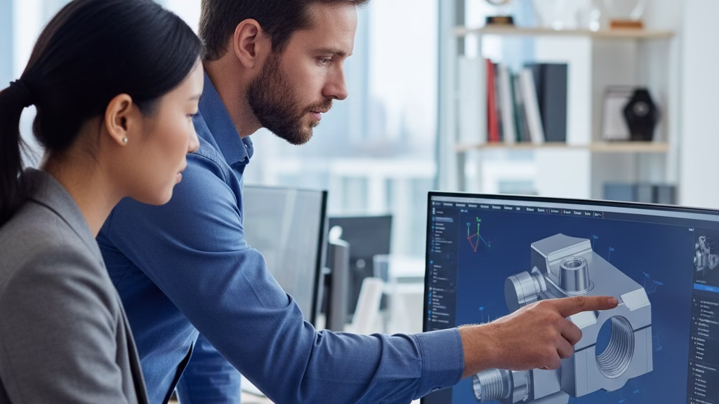An Engineer And A Project Manager Collaboratively Reviewing A Cad Design For A Cnc Machined Part.