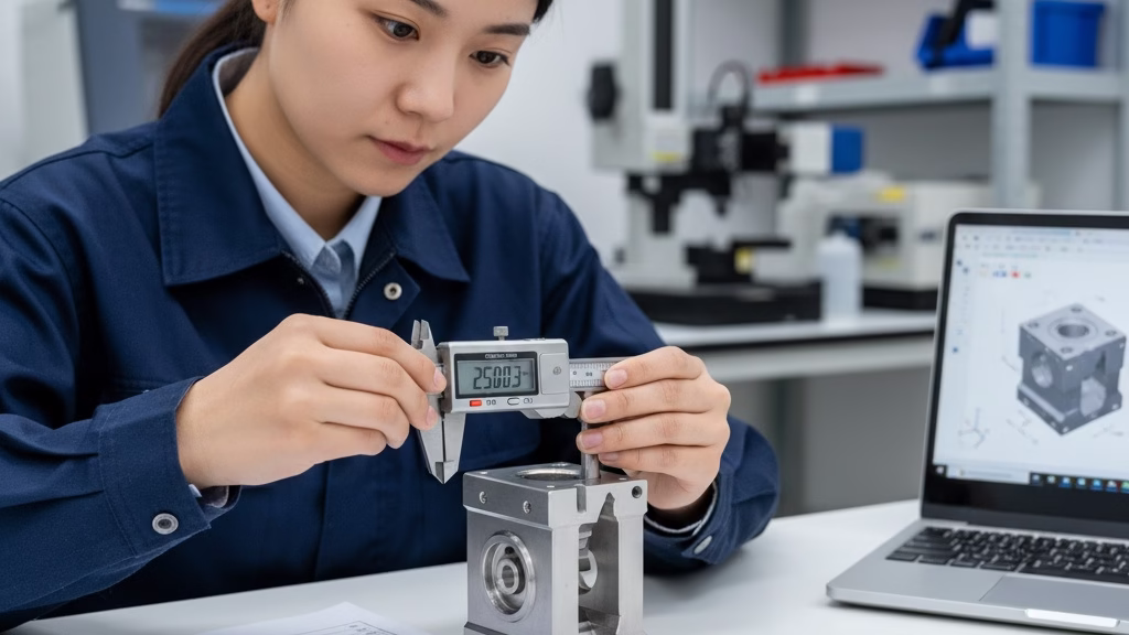 An Engineer Performing A Quality Control Inspection On A Complex Cnc Machined Part With Calipers.