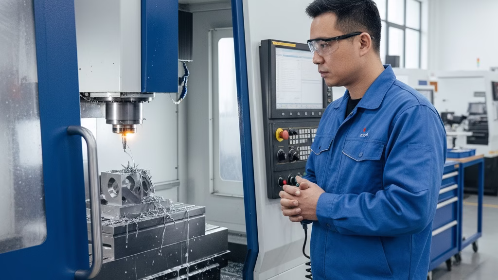 An Experienced Engineer Monitoring A 5 Axis Cnc Machine During A Complex Machining Process.