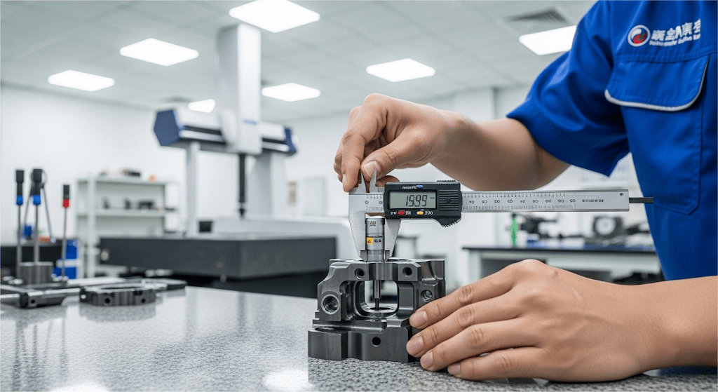 An Inspector Precisely Measuring A Complex Machined Metal Component With Digital Calipers