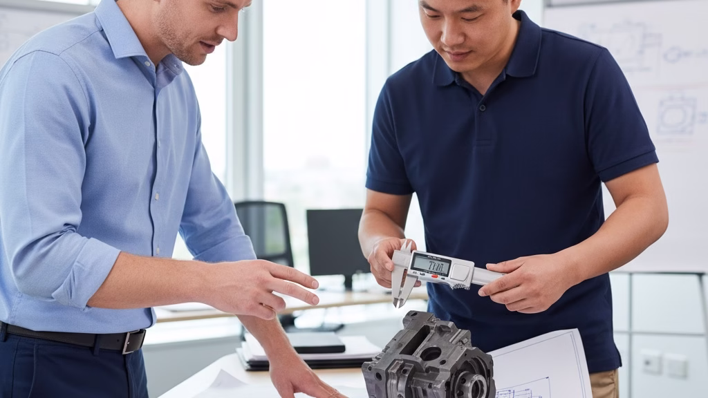 Two Engineers Collaboratively Inspect A Complex Machined Metal Part With A Digital Caliper.