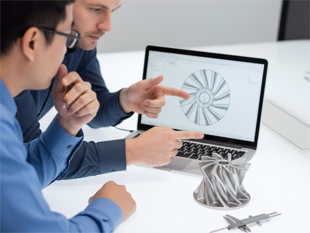 Two Male Engineers, One Western And One Chinese, Collaboratively Reviewing A 5 Axis Part Cad Drawing And The Physical Component In A Meeting.
