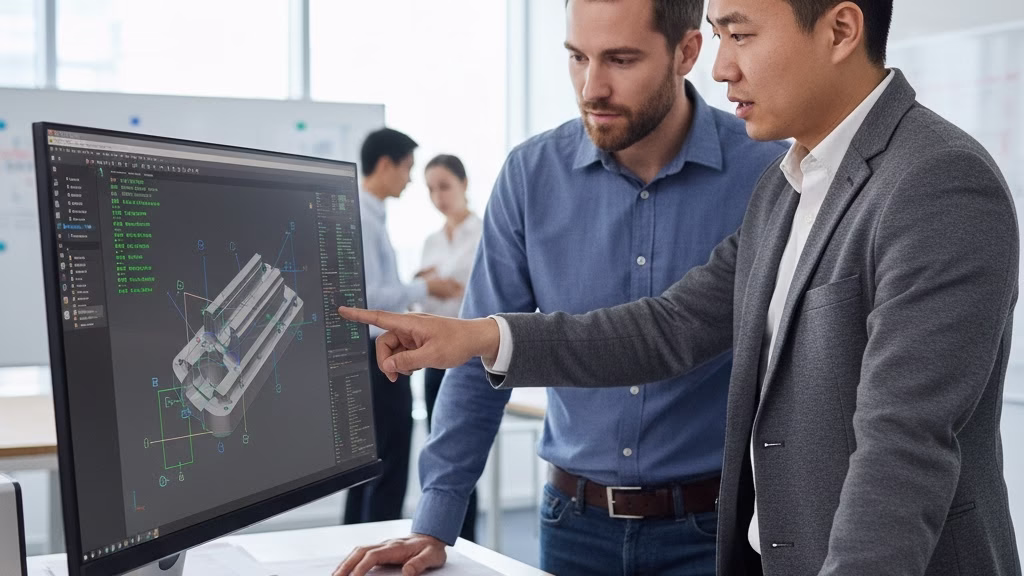 A Chinese Project Manager And A Western Engineer Collaboratively Review A Cad Drawing In A Modern Office.