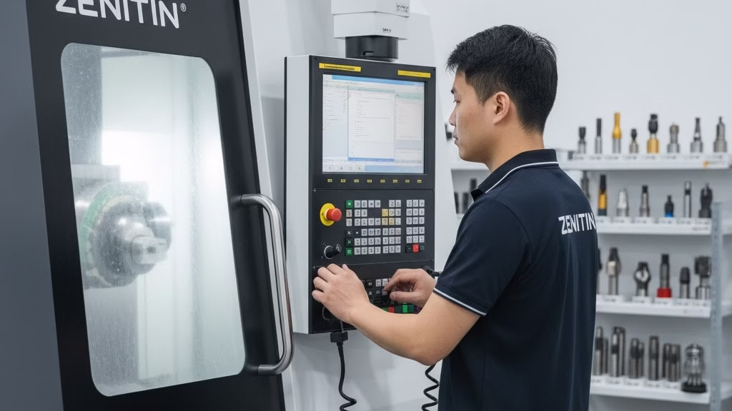 A Chinese Technician Setting Up A Modern 5 Axis Cnc Machine In A Clean, Professional Workshop.