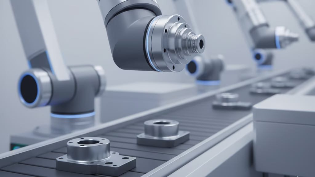 A Precision Cnc Turned Component Integrated As A Critical Joint In A Robotic Arm On A Modern Assembly Line.