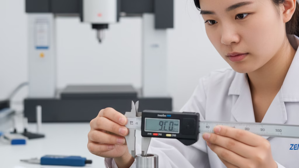 A Quality Control Technician Carefully Measuring A Precision Cnc Machined Steel Shaft With A Digital Caliper In A Lab.