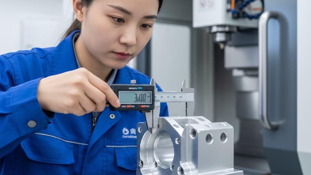 A Quality Control Technician Carefully Measuring A Precision Machined Metal Component With A Caliper.