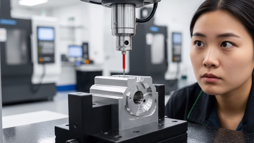 A Quality Control Technician Inspecting A 5 Axis Machined Part With A Cmm.