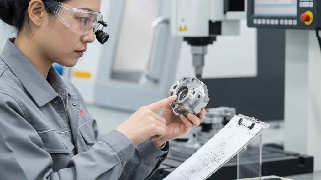 A Quality Inspector Compares A Complex Machined Inconel Part To An Engineering Drawing.