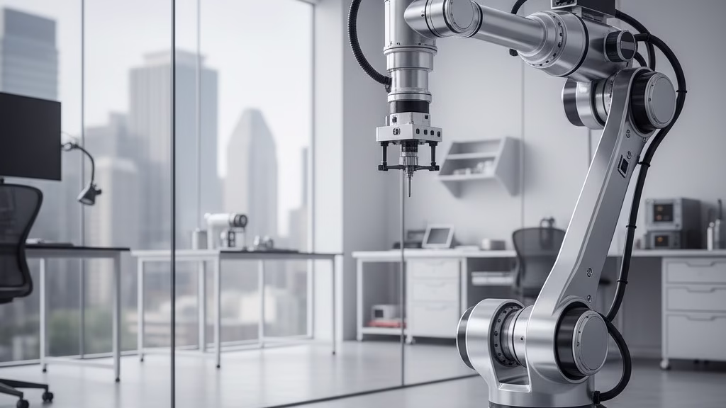 A Robotic Arm With A Precision Machined Component Operating Smoothly In A Modern Laboratory.