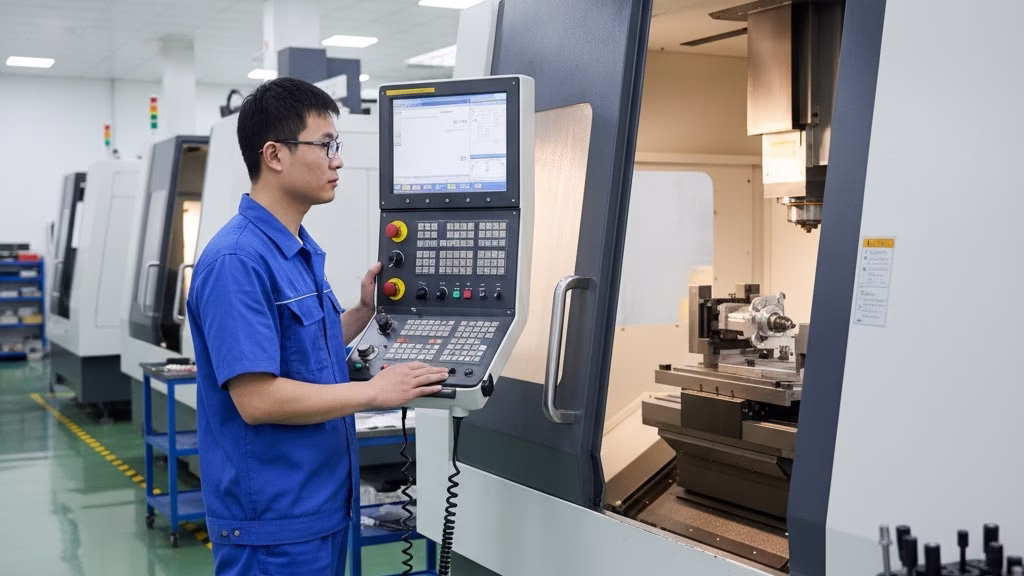 A Skilled Technician In A Clean Uniform Adjusting The Control Panel Of A Modern 5 Axis Cnc Machine In A Well Lit Workshop.