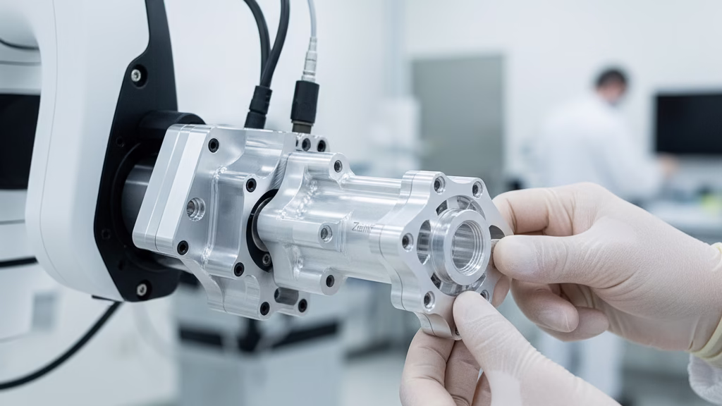 A Technician Assembling A Precision 5 Axis Machined Component Into A High Tech Module In A Cleanroom.