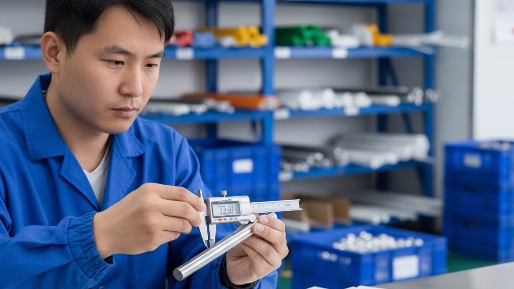 A Technician Carefully Measures A Metal Rod With Calipers Next To Stacked Plastic Sheets In A Clean Workshop.