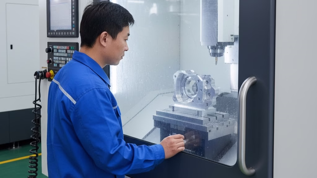 A Technician Monitoring A 5 Axis Cnc Machine Creating A Complex Metal Component.