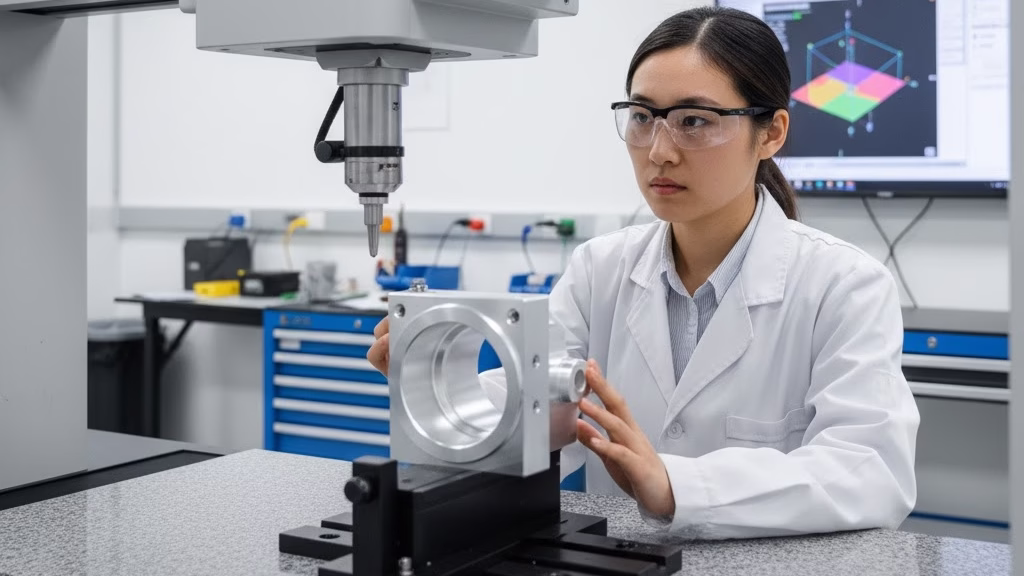 A Technician Operating A Cmm Machine To Perform A Quality Control Inspection On The Internal Radius Of A Precision Metal Part.