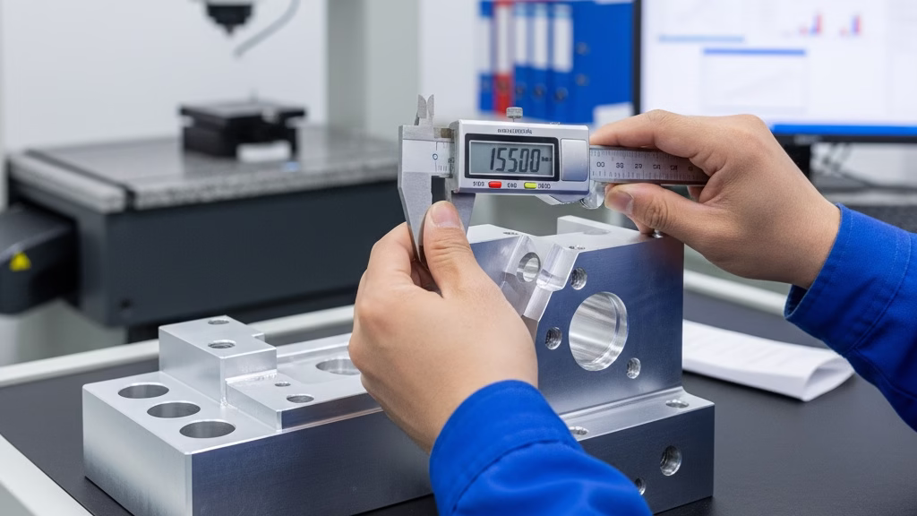 A Technician Performing A Precision Measurement On A Complex Metal Part With A Caliper.