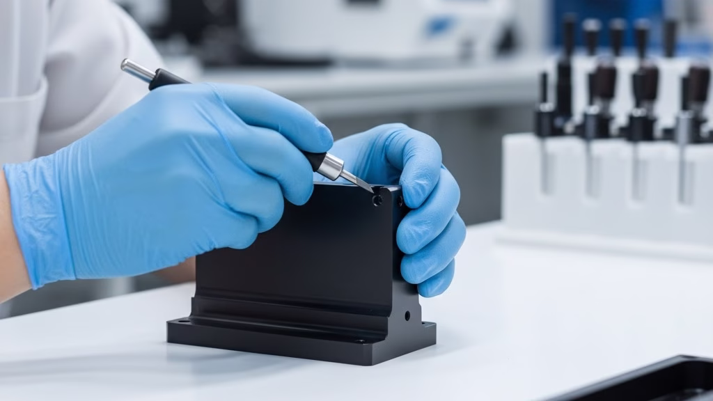 A Technician Performing Final Manual Inspection And Finishing On A Surface Treated Metal Part At A Workbench.