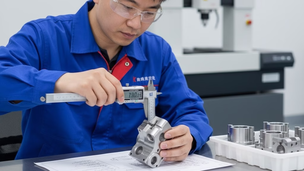 A Technician Performing Quality Control Inspection On A Cnc Part Using Digital Calipers In A Factory.