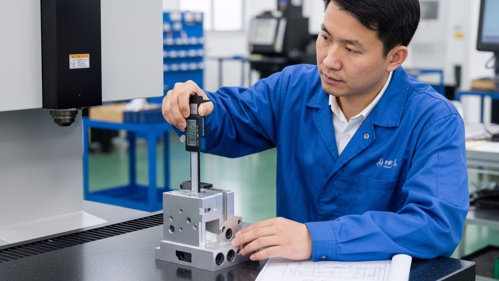 A Technician Performs A Quality Control Inspection On A Complex Cnc Machined Metal Part Using A Caliper.