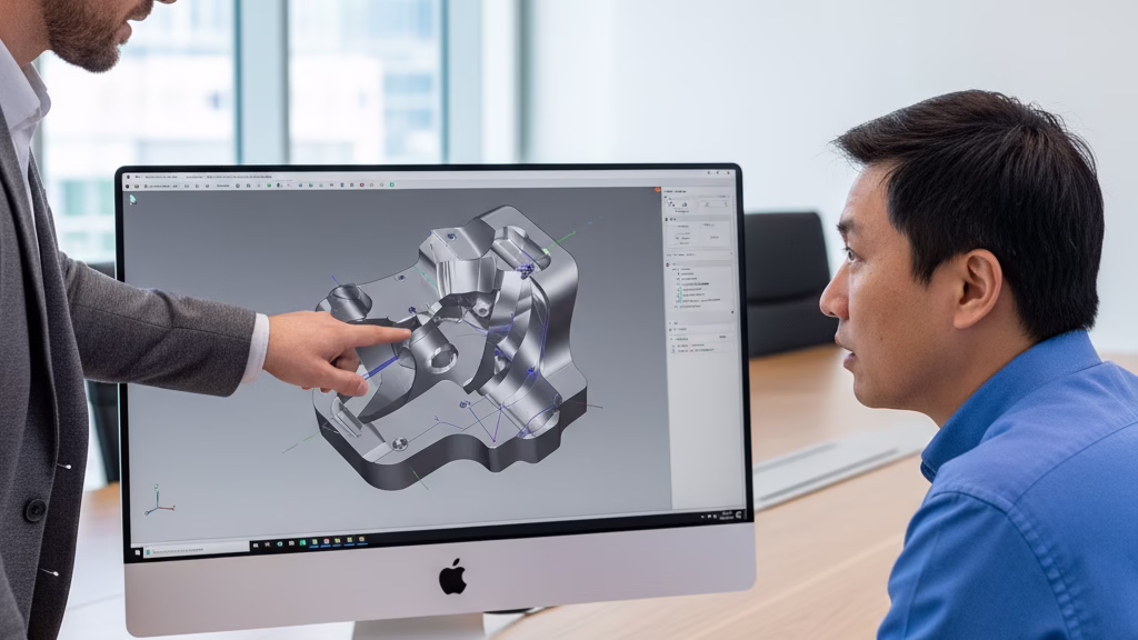 An Engineer And A Project Manager Collaboratively Reviewing A Complex 5 Axis Part Design On A Cad System.