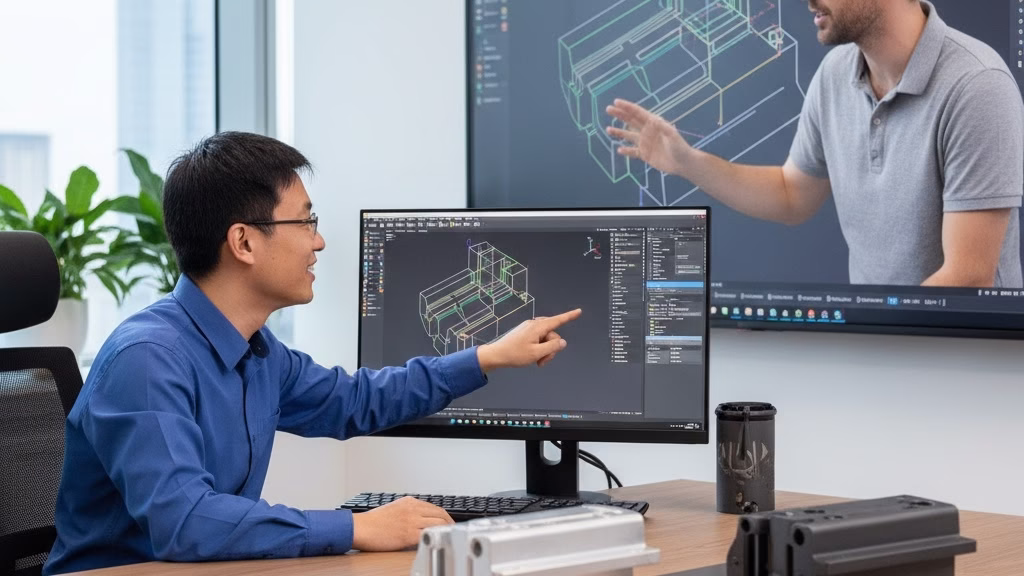 An Engineer And A Project Manager Discuss A Cad Model On Screen During A Video Conference, With Physical Prototypes On The Desk.