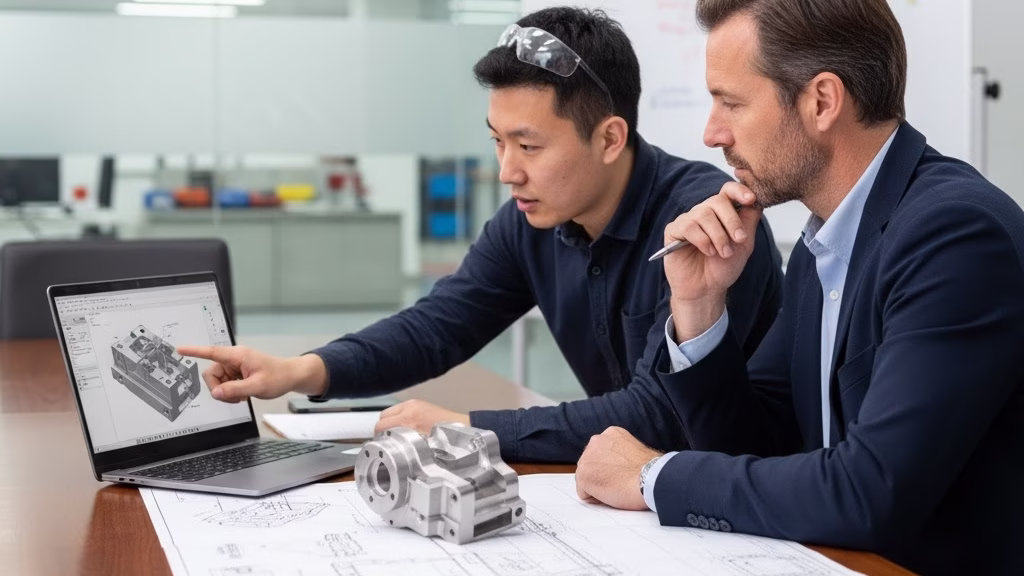 An Engineer And Client Discussing A Complex Cnc Part And Its Cad Drawing In A Meeting.