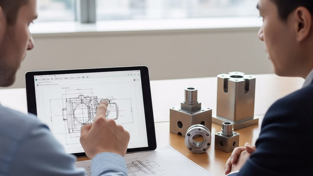 An Engineer And Project Manager Collaborating Over A Cad Drawing Of Complex Machined Parts.
