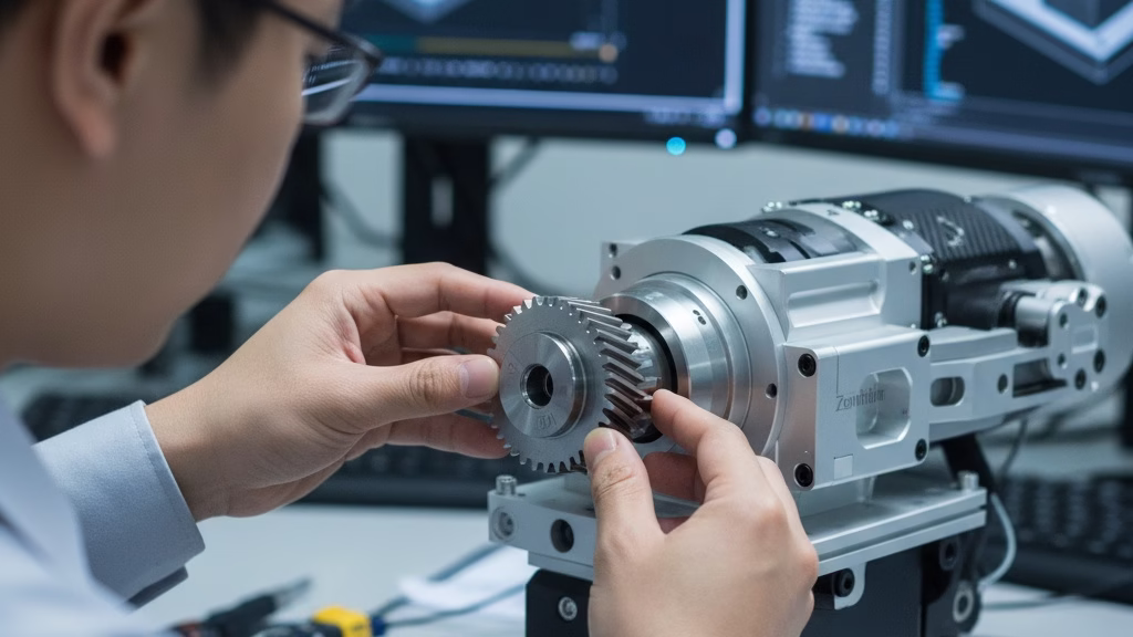An Engineer Fitting A Precision Machined Gear Into A Robotic Arm Assembly.