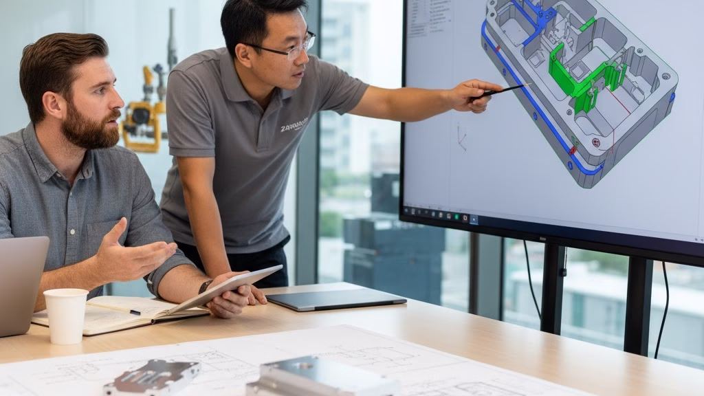 Chinese Engineer And Client Discussing A Complex Cad Design For Dfm Optimization In A Meeting.