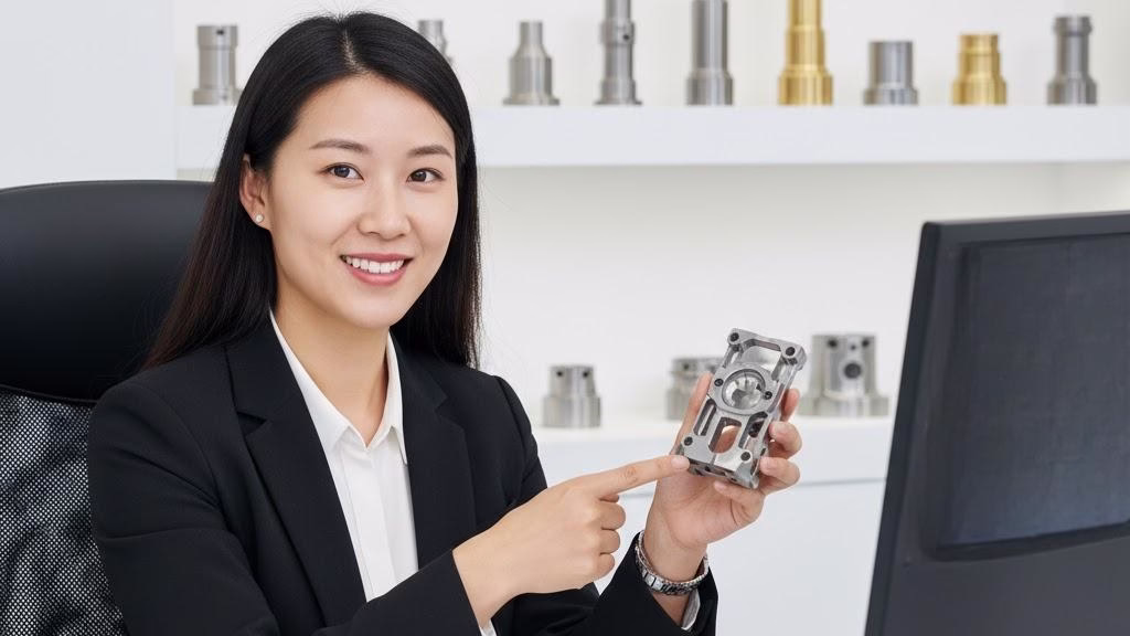 Chinese Project Manager On A Video Call, Confidently Presenting A Finished High Precision Machined Part To A Client.