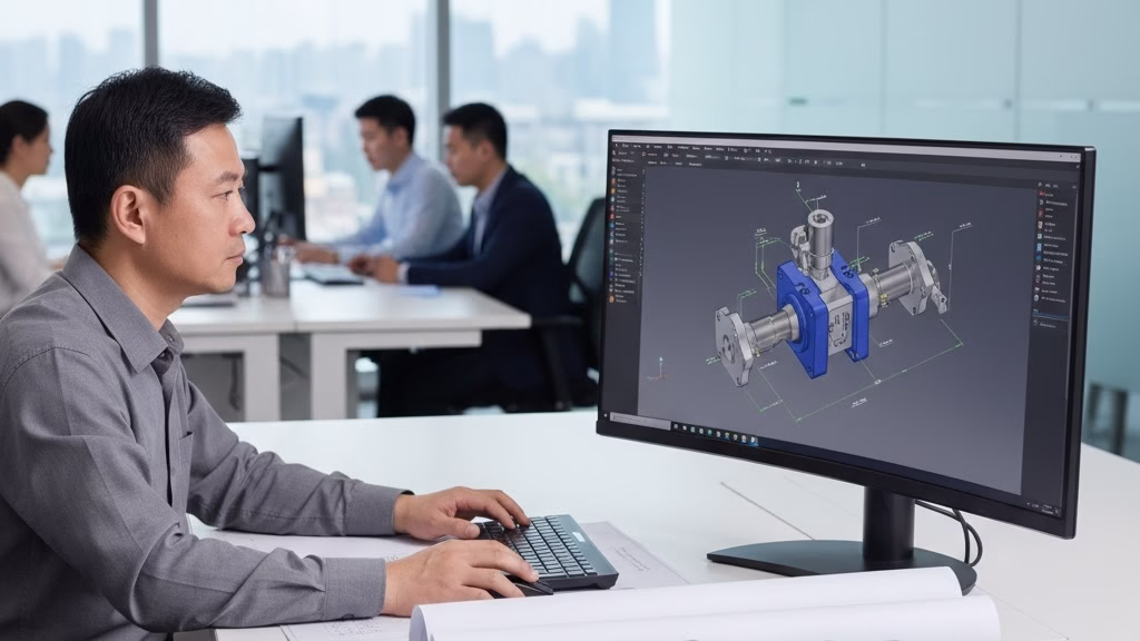 Chinese Project Manager Reviewing A Complex 3d Cad Model And Metal Parts In A Professional Office.