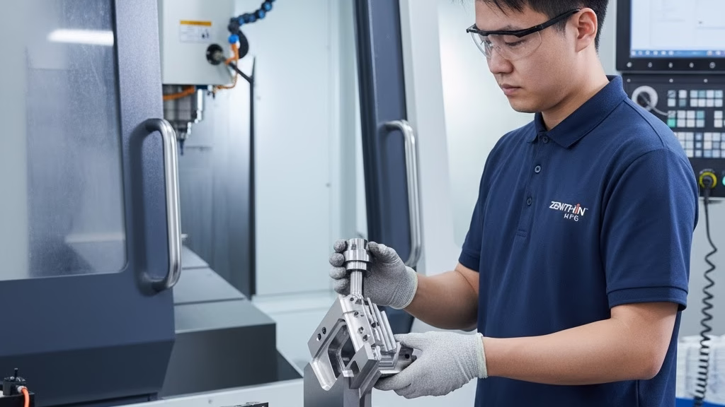 Chinese Technician Carefully Handling A Complex Metal Part From A 5 Axis Cnc Machine In A Modern Workshop.