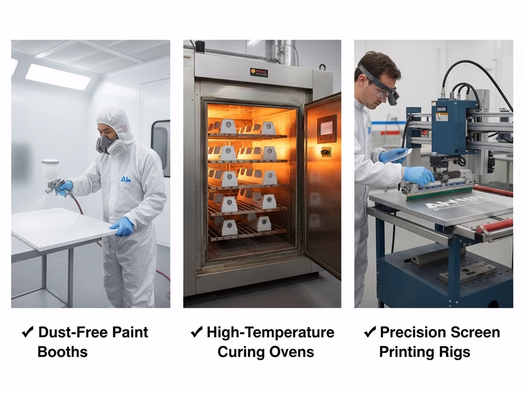 Clean Manufacturing Environment With Paint Booths, Curing Ovens, And Screen Printing Rigs.
