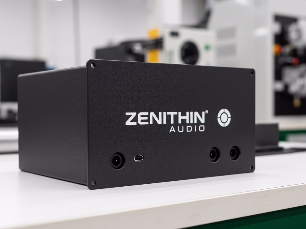 Custom Electronics Enclosure With A Textured Black Powder Coat And White Logo.