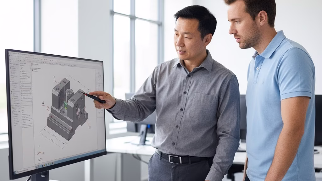 Engineer And Client Discussing Cnc Part Tolerances On A Cad Drawing In An Office.