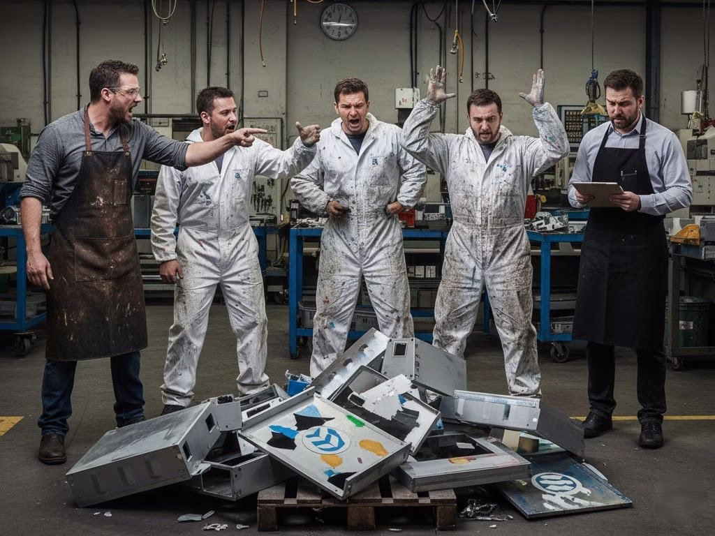 Illustration Of Manufacturing Problems From Using Multiple Vendors, Showing Workers Blaming Each Other.