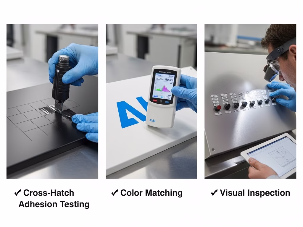 Quality Control Process Showing Adhesion Testing, Color Matching, And Visual Inspection.